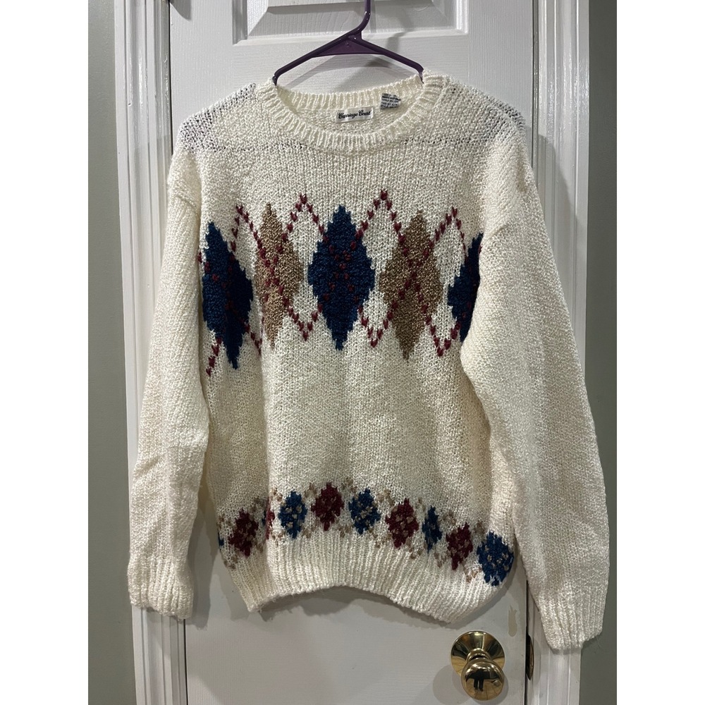 Vintage Carriage Court Argyle Knit Sweater Cream White Navy Tan Burgundy M